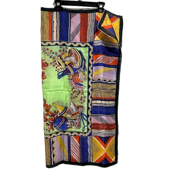 Scarf 100% Silk Mexican Fiesta Multi-Color Square Hand Rolled Hem 32” X 35” - Picture 2 of 10